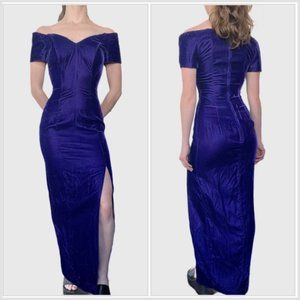 Vintage 80s Velvet Dress, 1980s Purple Crushed Velour Formal Gown